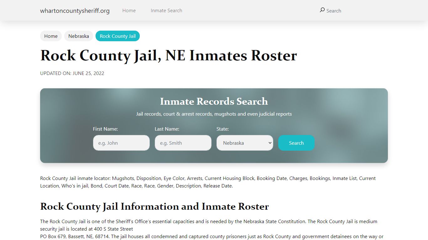 Rock County Jail, NE Jail Roster, Name Search